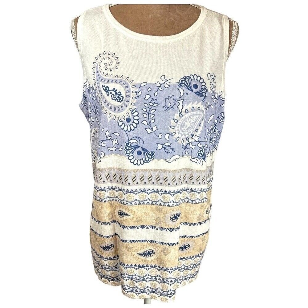 Chicos Sleeveless Sweater Top Womens 3/XL Paisley Blue Multicolor‎ Coastal NEW